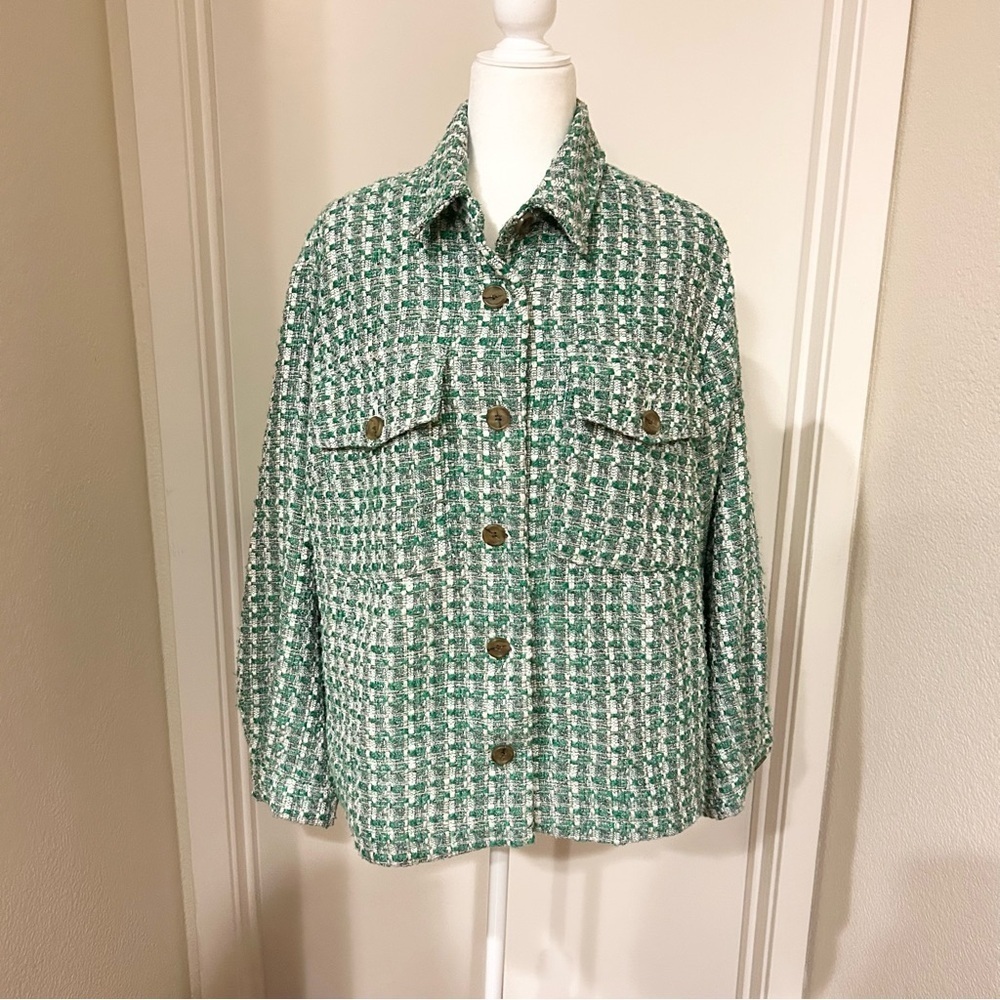 Anthropologie Maeve Plaid Tweed Relaxed Shacket Shirt Jacket Preppy Green M EUC - Picture 2 of 12